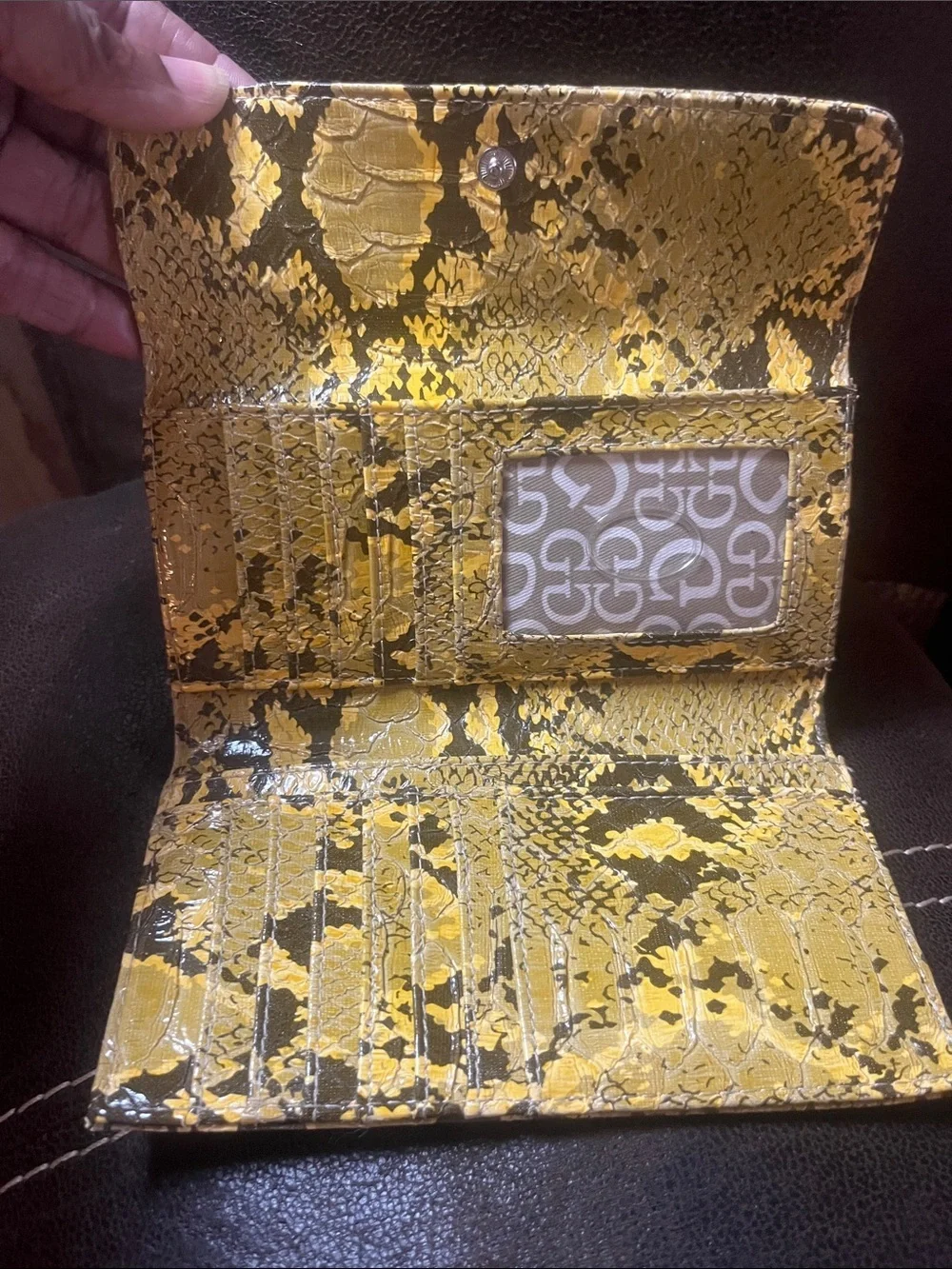 Guess Yellow Brown Faux Snake Print Wallet Clutch Animal Print Neutral Classic
